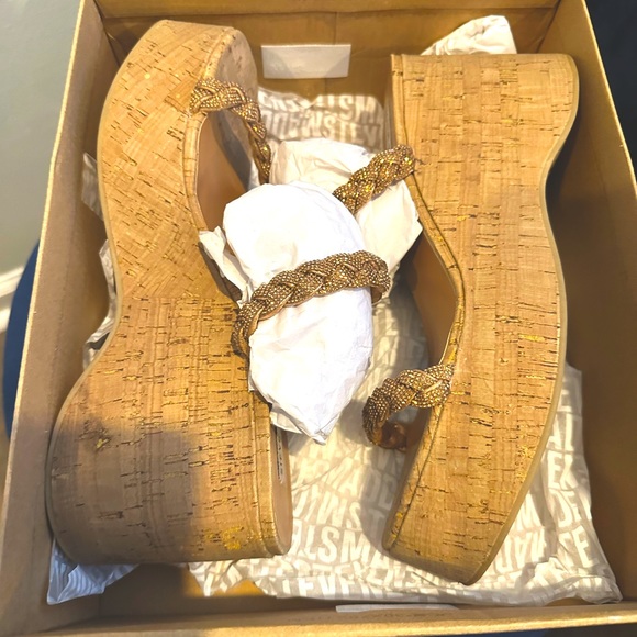 Steve Madden Danya Cork Wedge Sandals Bronze Rhinestone Braided Straps - Picture 3 of 11